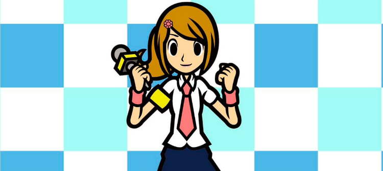 Ilustração de uma menina de roupa social e com um microfone na mão