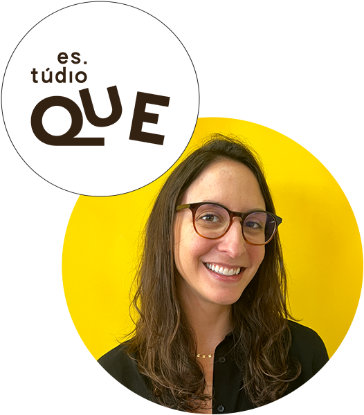 Montagem do logo do Estúdio QUE com a foto de Marina Cusnir