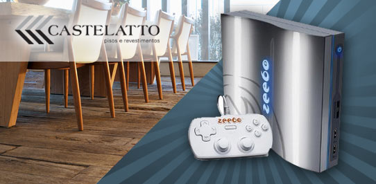 Imagem de cadeira com logomarca Castelatto e console da Zeebo 
